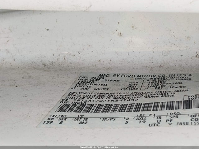 Продажа на аукционе авто 2000 Ford F-150 Work Series/xl/xlt, vin: 1FTZX1727YKB41437, номер лота: 45585235