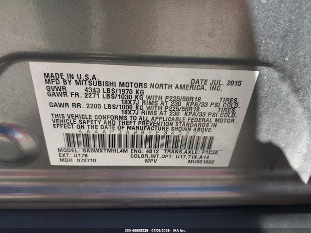 Aukcja sprzedaży 2015 Mitsubishi Outlander Sport Es, vin: 4A4AP3AW8FE045227, numer aukcji: 45585236