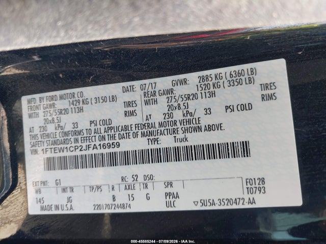45585244 :رقم المزاد ، 1FTEW1CP2JFA16959 vin ، 2018 Ford F-150 Xl مزاد بيع