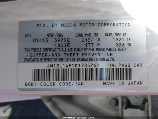 45585260 :رقم المزاد ، JM1BL1WP5D1783262 vin ، 2013 Mazda Mazda3 I Grand Touring مزاد بيع