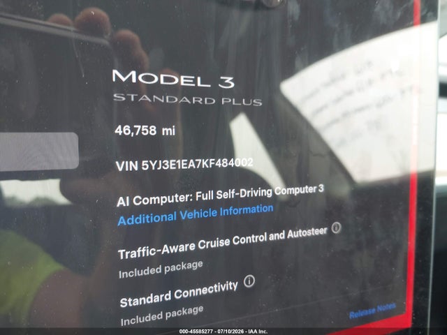 Продаж на аукціоні авто 2019 Tesla Model 3 Long Range/mid Range/standard Range/standard Range Plus, vin: 5YJ3E1EA7KF484002, номер лоту: 45585277