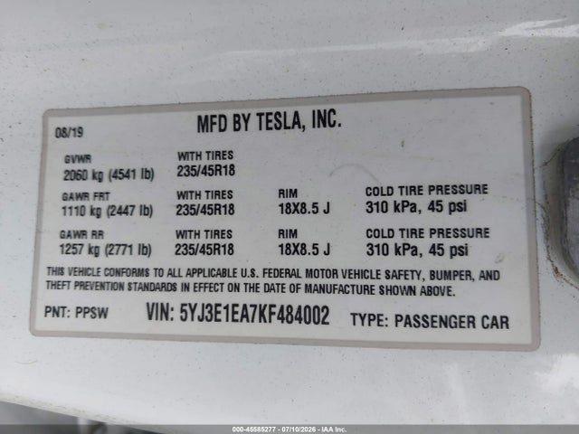 Продаж на аукціоні авто 2019 Tesla Model 3 Long Range/mid Range/standard Range/standard Range Plus, vin: 5YJ3E1EA7KF484002, номер лоту: 45585277