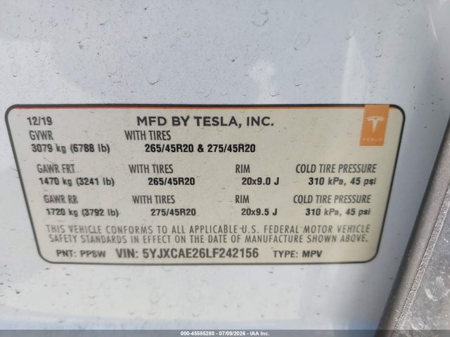 Продажа на аукционе авто 2020 Tesla Model X Long Range Dual Motor All-wheel Drive/long Range Plus Dual Motor All-wheel Drive, vin: 5YJXCAE26LF242156, номер лота: 45585280