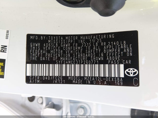 45585292 :رقم المزاد ، 5YFS4MCE3TP260771 vin ، 2026 Toyota Corolla Se مزاد بيع