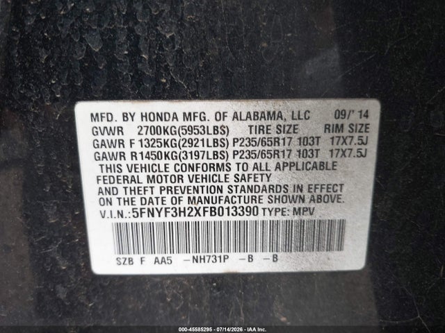 5FNYF3H2XFB013390 Honda PILOT LX