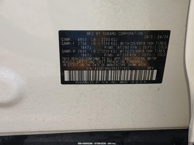 Aukcja sprzedaży 2024 Subaru Outback Limited, vin: 4S4BTANC5R3277422, numer aukcji: 45585296