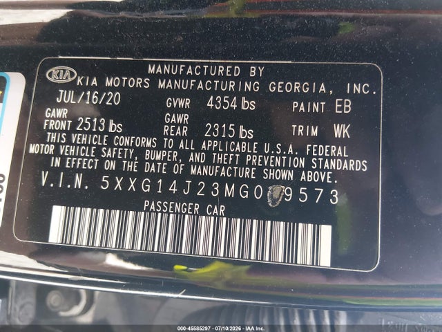2021 Kia K5 Lxs მანქანა იყიდება აუქციონზე, vin: 5XXG14J23MG009573, აუქციონის ნომერი: 45585297