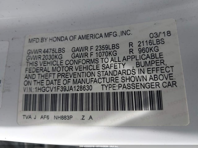 1HGCV1F39JA128630 Honda Accord Sport