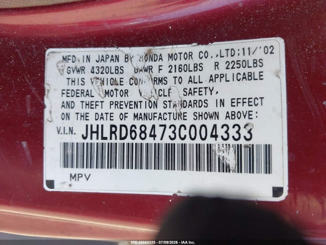Продажа на аукционе авто 2003 Honda Cr-v Lx, vin: JHLRD68473C004333, номер лота: 45585325