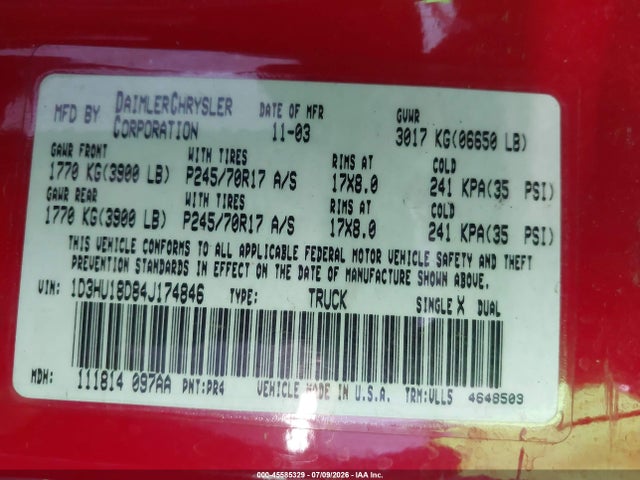 45585329 :رقم المزاد ، 1D3HU18D84J174846 vin ، 2004 Dodge Ram 1500 Slt/laramie مزاد بيع