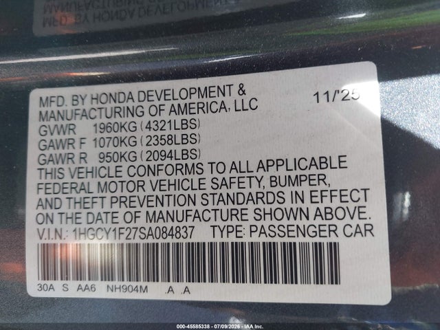 1HGCY1F27SA084837 Honda ACCORD LX