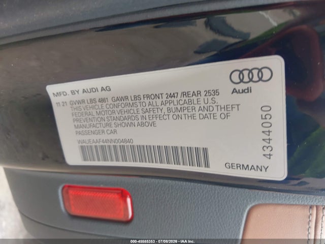 Продажа на аукционе авто 2022 Audi A4 Premium Plus 45 Tfsi S Line Quattro S Tronic, vin: WAUEAAF44NN004840, номер лота: 45585353