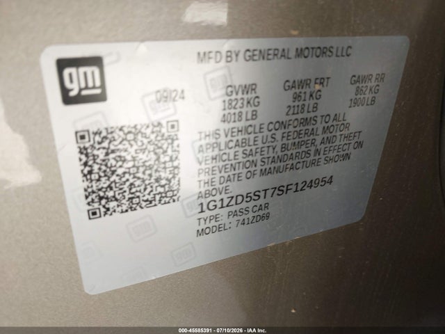 Продаж на аукціоні авто 2025 Chevrolet Malibu Fwd 1lt, vin: 1G1ZD5ST7SF124954, номер лоту: 45585391