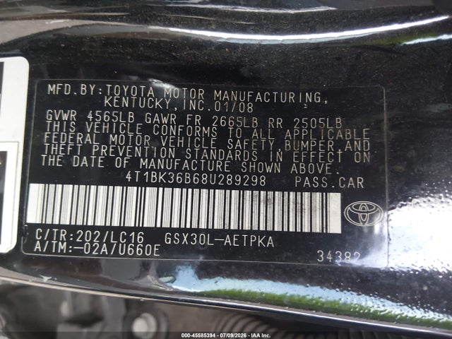 2008 Toyota Avalon Limited მანქანა იყიდება აუქციონზე, vin: 4T1BK36B68U289298, აუქციონის ნომერი: 45585394