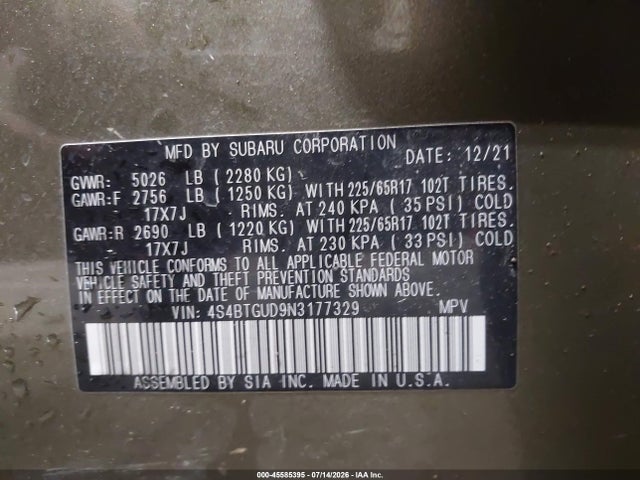 Subaru Outback Wilderness 2022 4S4BTGUD9N3177329 Image 9