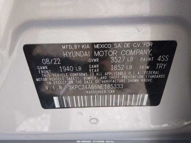 Продажа на аукционе авто 2022 Hyundai Accent Se, vin: 3KPC24A66NE185333, номер лота: 45585402