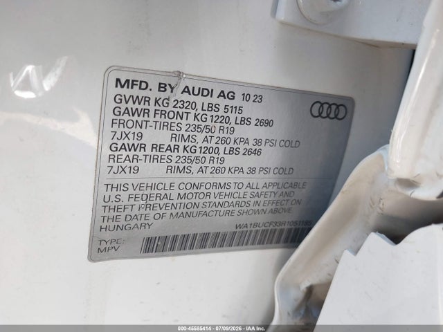 2024 Audi Q3 Premium Plus 40 Tfsi Quattro Tiptronic მანქანა იყიდება აუქციონზე, vin: WA1BUCF33R1051185, აუქციონის ნომერი: 45585414