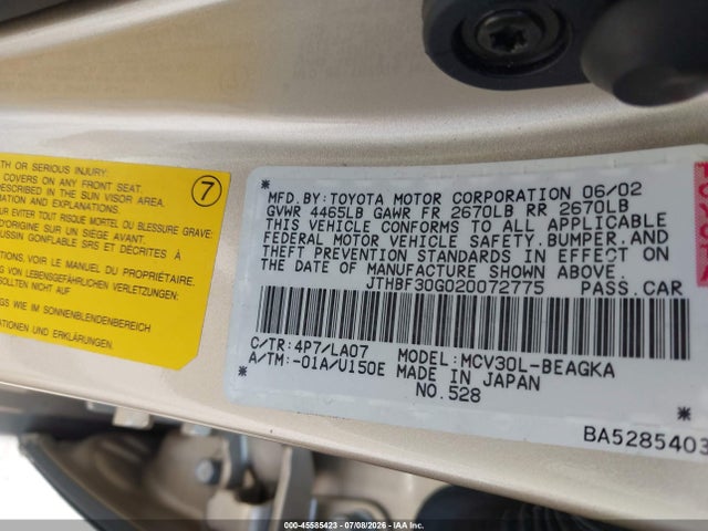2002 Lexus Es 300 მანქანა იყიდება აუქციონზე, vin: JTHBF30G020072775, აუქციონის ნომერი: 45585423