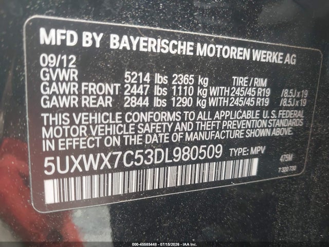 45585448 :رقم المزاد ، 5UXWX7C53DL980509 vin ، 2013 Bmw X3 Xdrive35i مزاد بيع