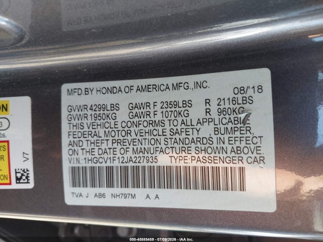 Honda ACCORD LX 2018 1HGCV1F12JA227935 Image 9