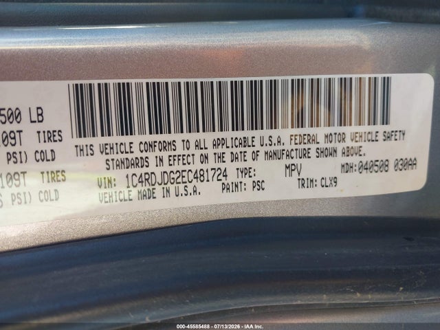 45585488 :رقم المزاد ، 1C4RDJDG2EC481724 vin ، 2014 Dodge Durango Limited مزاد بيع