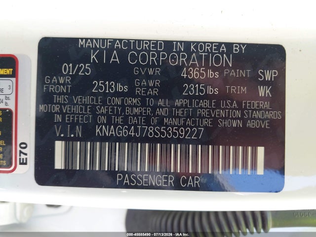 Aukcja sprzedaży 2025 Kia K5 Gt-line, vin: KNAG64J78S5359227, numer aukcji: 45585490
