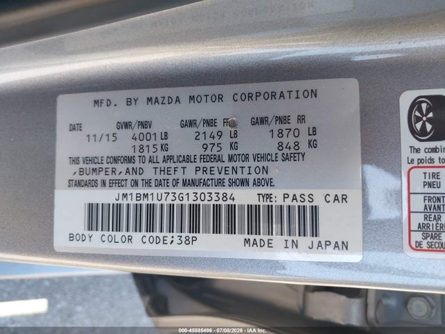 2016 Mazda Mazda3 I Sport მანქანა იყიდება აუქციონზე, vin: JM1BM1U73G1303384, აუქციონის ნომერი: 45585496
