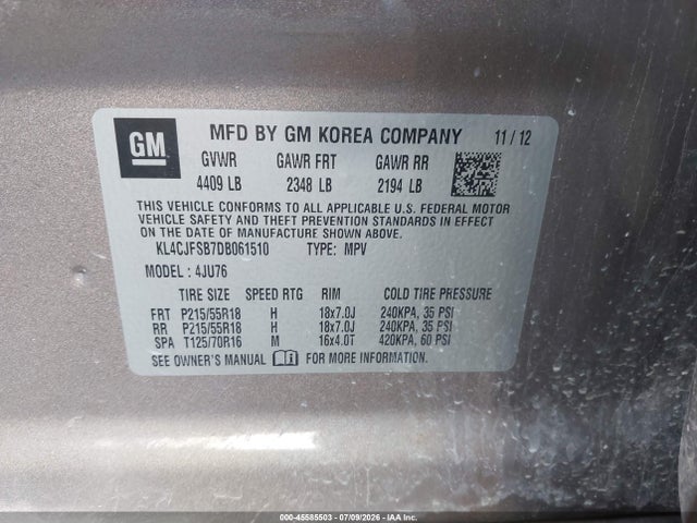 2013 Buick Encore Convenience მანქანა იყიდება აუქციონზე, vin: KL4CJFSB7DB061510, აუქციონის ნომერი: 45585503