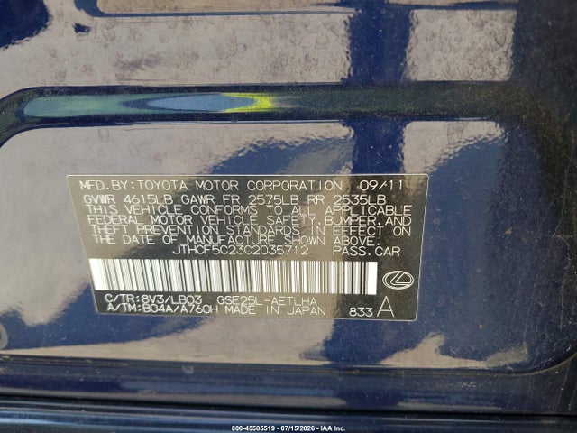 45585519 :رقم المزاد ، JTHCF5C23C2035712 vin ، 2012 Lexus Is 250 مزاد بيع