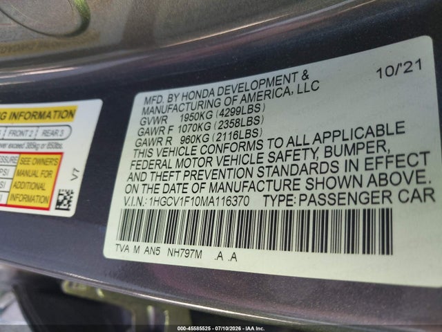 1HGCV1F10MA116370 Honda ACCORD LX