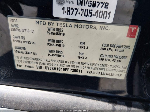 2014 Tesla Model S მანქანა იყიდება აუქციონზე, vin: 5YJSA1S19EFP36011, აუქციონის ნომერი: 45585528