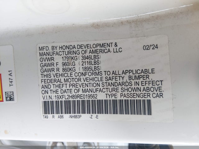 19XFL2H89RE019562 Honda Civic Sport