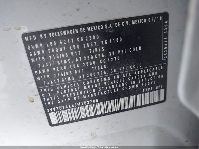 Auction sale of the 2018 Volkswagen Tiguan 2.0t Se/2.0t Sel, vin: 3VV3B7AX8JM183286, lot number: 45585560