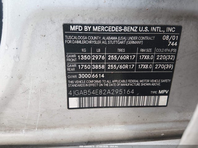 45585578 :رقم المزاد ، 4JGAB54E82A295164 vin ، 2002 Mercedes-benz Ml 320 مزاد بيع