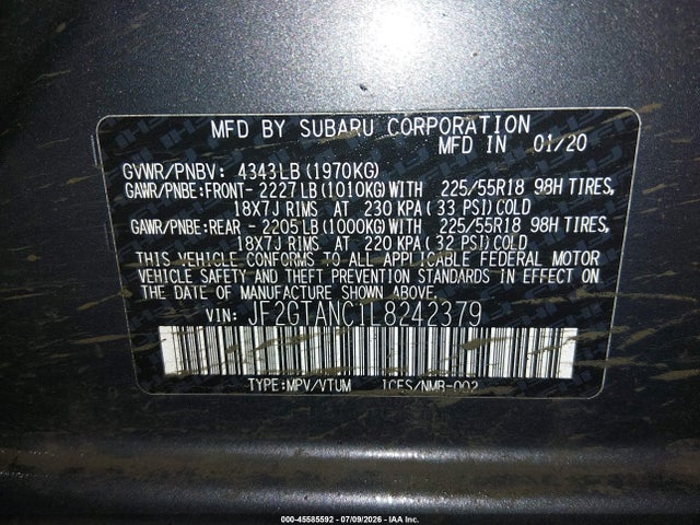 Aukcja sprzedaży 2020 Subaru Crosstrek Limited, vin: JF2GTANC1L8242379, numer aukcji: 45585592