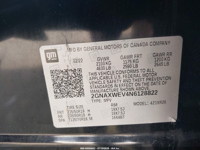 Продажа на аукционе авто 2022 Chevrolet Equinox Awd Rs, vin: 2GNAXWEV4N6128822, номер лота: 45585602