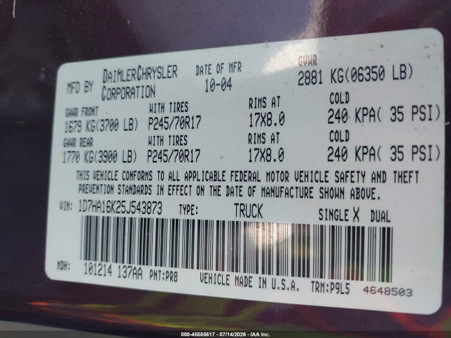 2005 Dodge Ram 1500 St მანქანა იყიდება აუქციონზე, vin: 1D7HA16K25J543873, აუქციონის ნომერი: 45585617