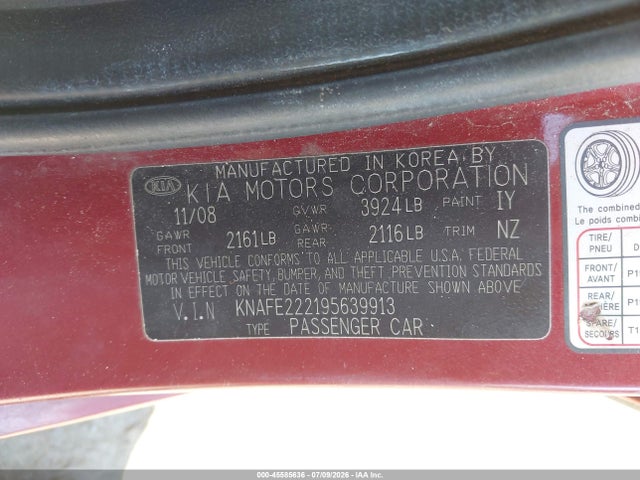 45585636 :رقم المزاد ، KNAFE222195639913 vin ، 2009 Kia Spectra Ex مزاد بيع