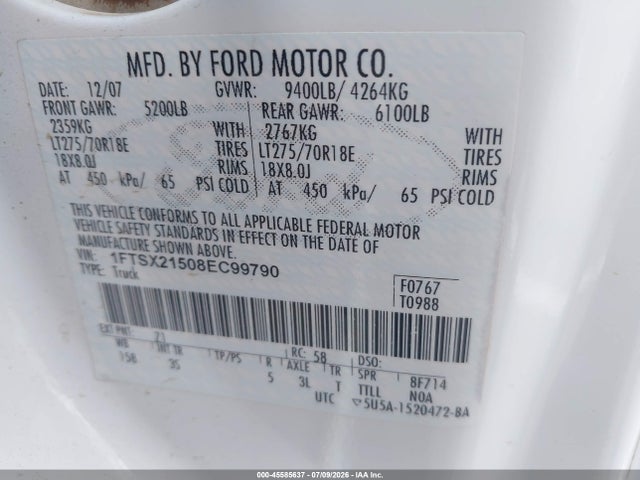 2008 Ford Super Duty F-250 Srw Fx4/lariat/xl/xlt მანქანა იყიდება აუქციონზე, vin: 1FTSX21508EC99790, აუქციონის ნომერი: 45585637