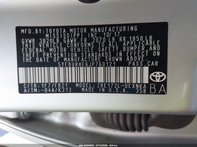 Aukcja sprzedaży 2018 Toyota Corolla Le, vin: 5YFBURHE6JP760121, numer aukcji: 45585655