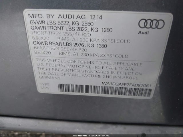 Продажа на аукционе авто 2015 Audi Q5 3.0t Premium Plus, vin: WA1DGAFP7FA087061, номер лота: 45585667