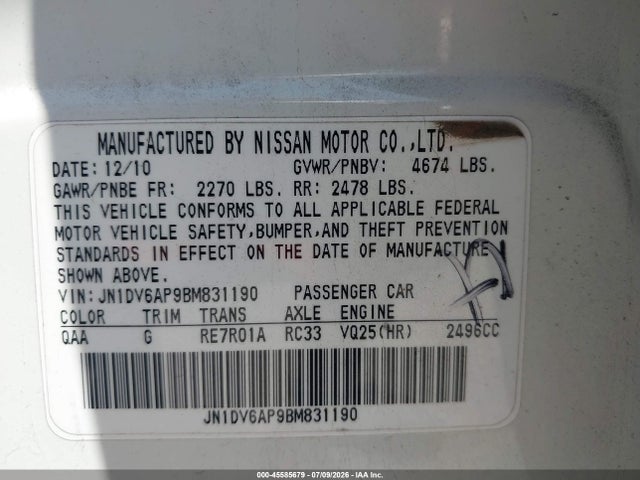 Продажа на аукционе авто 2011 Infiniti G25 Journey, vin: JN1DV6AP9BM831190, номер лота: 45585679