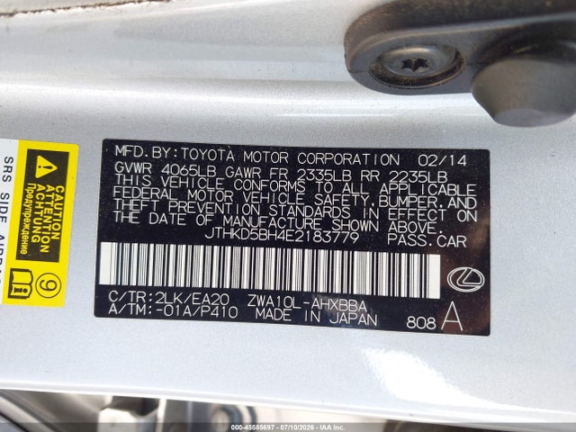 Aukcja sprzedaży 2014 Lexus Ct 200h, vin: JTHKD5BH4E2183779, numer aukcji: 45585697