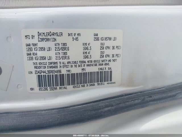 2006 Dodge Grand Caravan Sxt მანქანა იყიდება აუქციონზე, vin: 2D4GP44L96R654096, აუქციონის ნომერი: 45585711