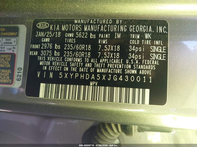 KIA Sorento 3.3l Ex 2018 5XYPHDA5XJG430011 Image 9