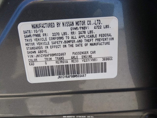 Продаж на аукціоні авто 2011 Infiniti G37 Journey, vin: JN1CV6AP9BM502467, номер лоту: 45585754