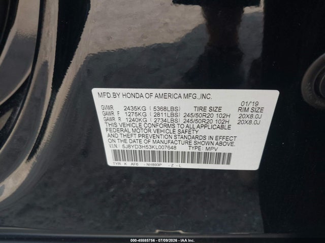 Aukcja sprzedaży 2019 Acura Mdx Tech Pkg, vin: 5J8YD3H53KL007648, numer aukcji: 45585756