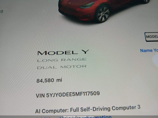 Aukcja sprzedaży 2021 Tesla Model Y Long Range Dual Motor All-wheel Drive, vin: 5YJYGDEE5MF117509, numer aukcji: 45585795