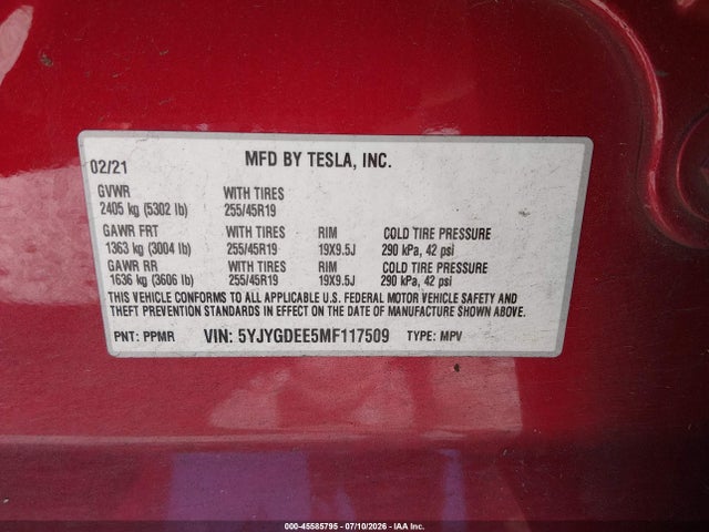 Aukcja sprzedaży 2021 Tesla Model Y Long Range Dual Motor All-wheel Drive, vin: 5YJYGDEE5MF117509, numer aukcji: 45585795