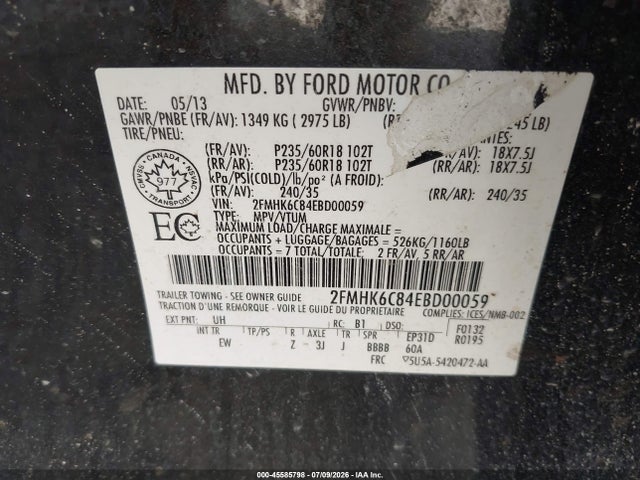 45585798 :رقم المزاد ، 2FMHK6C84EBD00059 vin ، 2014 Ford Flex Sel مزاد بيع